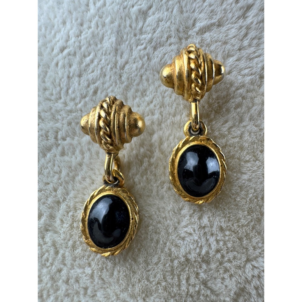 Vintage Gold Tone Black Cabochon Drop Earrings Dangle Post Etruscan Style Glam